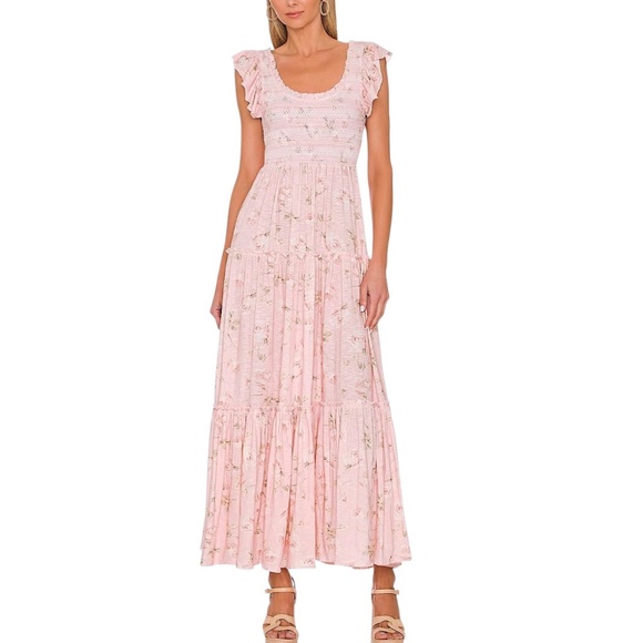 LOVE SHACK FANCY Chessie Smocked Tiered Floral Midi Dress Ballet Pink REVOLVE - Picture 3 of 14